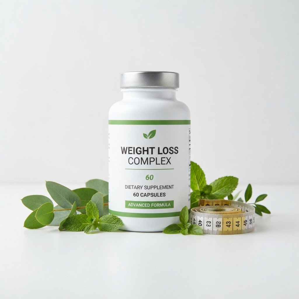 Slimora fat-burning supplement bottle surrounded by fresh green leaves